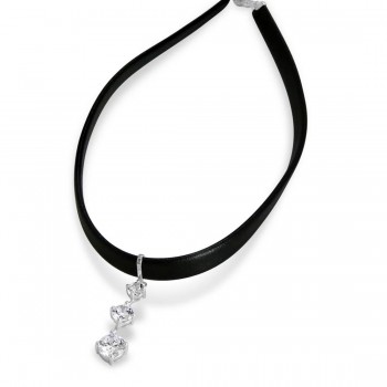 Sterling Silver Choker Black Faux Leather Clear Cubic Zirconia Drop Of Past