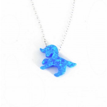 Sterling Silver Necklace Lab Created Blue Opal Unicorn 16+2 In