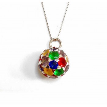 Sterling Silver Necklace Fireball Multicolor Cubic Zirconia Box Chain 18 In