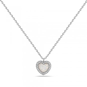 Sterling Silver NECKLACE HEART CHARM WHITE OPAL Cubic Zirconia AROUND