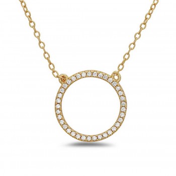 STERLING SILVER NECKLACE CLEAR CUBIC ZIRCONIA OPEN CIRCLE 16+2" GOLD PLATED