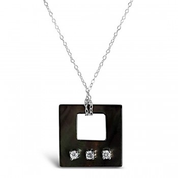 Sterling Silver Necklace Reconstructed Open Square Black Mother of Pearl with 3 Pc