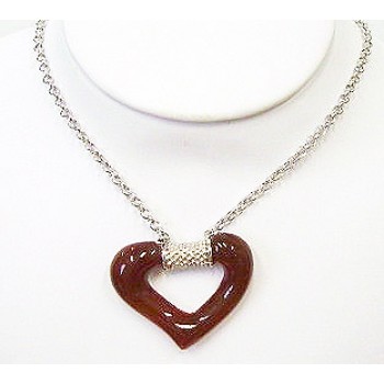 Sterling Silver Necklace Rolo Chain with Illusion Tube Open Carnelian Genuine Stone carved in Heart Shape
