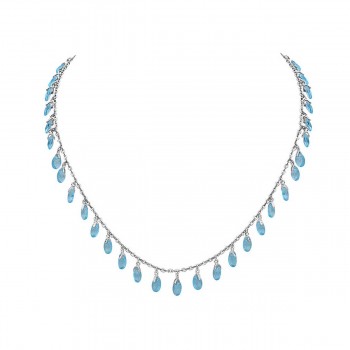 Sterling Silver Necklace 34Pcs Chess Cut Aqua Marine Glass Drop 16+2"