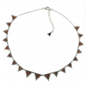 Sterling Silver Necklace 17'' Garnet Cubic Zirconia Triangle Bezel Set--Rhodium Plating/Nickle Free--