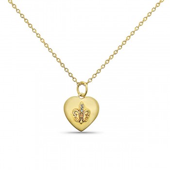 Sterling Silver Necklace 18'' Gold Tone 14mm Heart Fleur De Lis with C