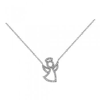 Sterling Silver Necklace 16" Open Angel with Clear Cubic Zirconia