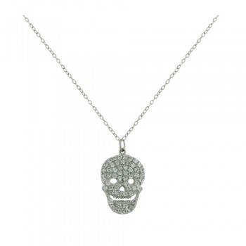 Sterling Silver Necklace Clear Cubic Zirconia Paved Smiling Skull