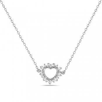 Sterling Silver Necklace Thin Chain with Clear Cubic Zirconia Open Heart 16"+2"