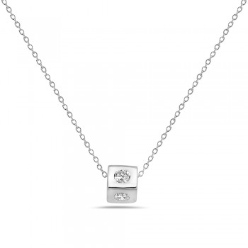 Sterling Silver Necklace Cube with Clear Cubic Zirconia on Four Side Thin Chain