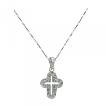 Sterling Silver Necklace Open Cross Outline Paved in Clear Cubic Zirconia