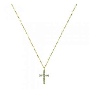 Sterling Silver Necklace 12mm Gold Cross with Clear Cubic Zirconia
