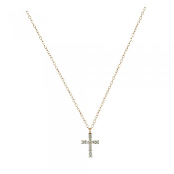 Sterling Silver Necklace 12mm Rose Gold Cross with Clear Cubic Zirconia