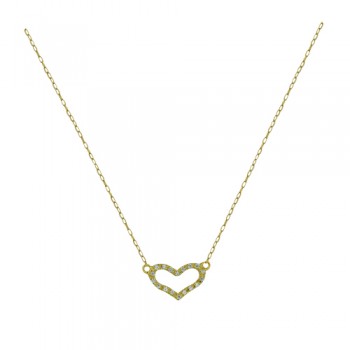 Sterling Silver Necklace Open Flat Gold Heart with Clear Cubic Zirconia