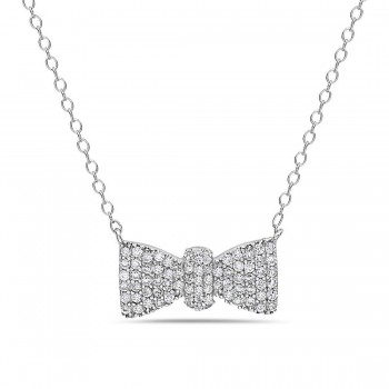 Sterling Silver Necklace Station Bow Paved in Clear Cubic Zirconia