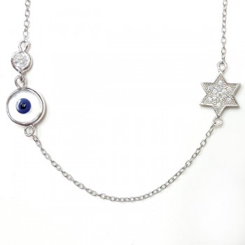 Sterling Silver Necklace Dark Blue Eye with Clear Cubic Zirconia Star of David