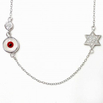 Sterling Silver Necklace Red Eye with Clear Cubic Zirconia Star of David