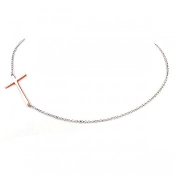 Sterling Silver Necklace Side Way Cross Rhodium Plating Plating