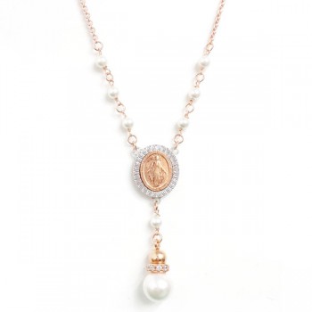 Sterling Silver Necklace Rosary Faux Pearl Drop 2 Tones-Rg+Rhodium Plating