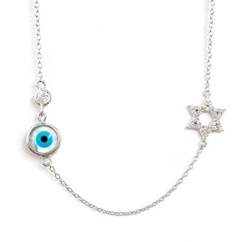 Sterling Silver Necklace L. Blue Eye with Open Clear Cubic Zirconia Star of David