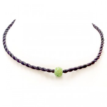 Sterling Silver Necklace Black Silk Twisted Cord Peridot Crystal Ball