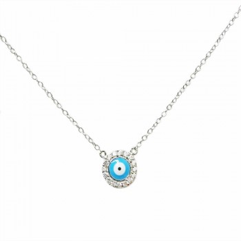 Sterling Silver Necklace Light Blue Enamel Evil Eye with Clear Cubic Zirconia Around