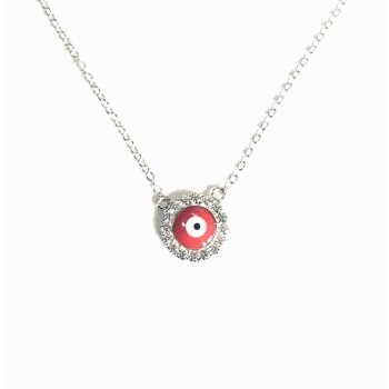 Sterling Silver BECKLACE RED ENAMEL EVIL EYE W/ CLEAR Cubic Zirconia AROUND-5S-998RDCL