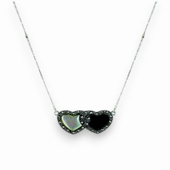 Marcasite Necklace 15+2"12X10mm Mother of Pearl Onyx Join Heart Marcasite Around