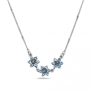 MS NECKLACE TRI FLOWER WITH BLUE COLOR GLASS MARCASITE PC SPOT CHAIN