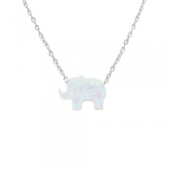 STERLING SILVER NECKLACE RECONSTITUTE WHITE OPAL ELEPHANT **RH