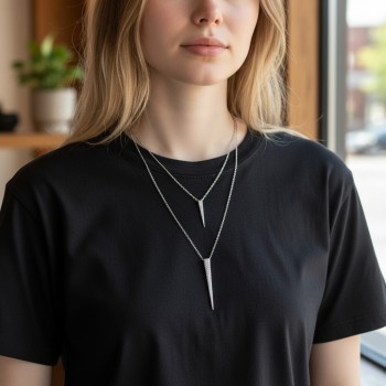 Sterling Silver Necklace Double Strands Pointy Triangle Pave Cubic Zirconia