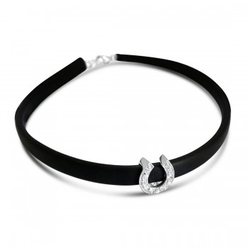 Sterling Silver Choker Horseshoe Clear Cubic Zirconia Black Faux Leather