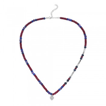 Sterling Silver Beaded Necklace of Multicolor Stones and Crystals with heart charm
