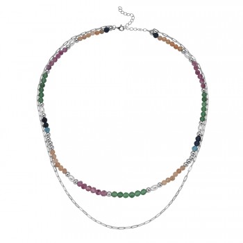 Sterling Silver Beaded Necklace Multicolor Crystals 2 Strands 5S-1210MC