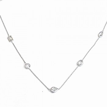 Sterling Silver Necklace 16 In. Tear Drop+Round+Oval+Rectangular+Marquis Clear