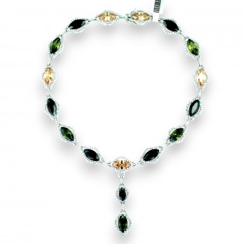 Sterling Silver Necklace Marquis Garnet, Champagne,Olivine Cubic Zirconia with Cubic Zirconia