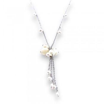 Sterling Silver Necklace White Faux+Fresh Water Pearl+White Mother of Pearl Chip Cluster