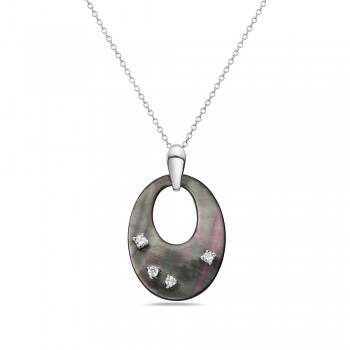 Sterling Silver Necklace Open Oval Black Mother of Pearl with 4Pc Cubic Zirconia