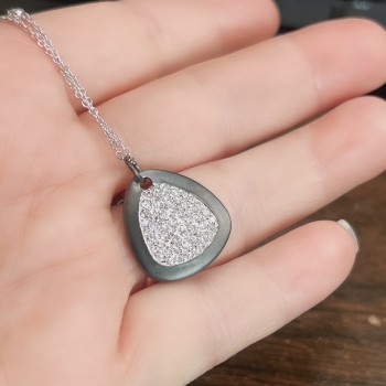 Sterling Silver Necklace 18" Clear Cubic Zirconia Bezel Chain+Matt Finish Pave Triangle Charm Black Plating