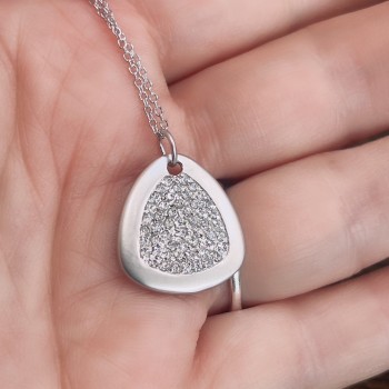 Sterling Silver Necklace 18" Clear Cubic Zirconia Bezel Chain+Matt Finish Pave Triangle Charm Rhodium Plate