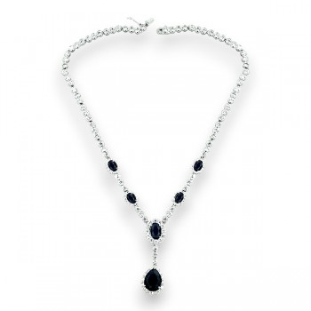 Sterling Silver Necklace 8-12mm +12-16mm Blue Rare Earth with Clear Cubic Zirconia