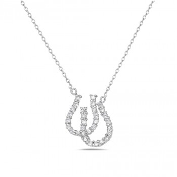 Sterling Silver Necklace Two Horseshoe Paved in Clear Cubic Zirconia