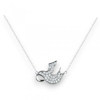 Sterling Silver Necklace Cubic Zirconia Pave Dove on Center of Chain