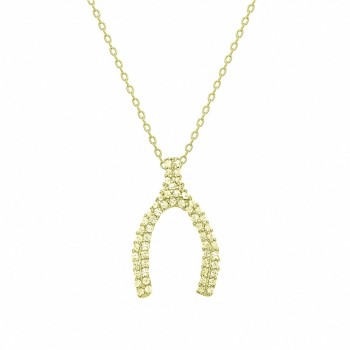 Sterling Silver Necklace Clear Cubic Zirconia Paved Wishbone on 16"+2" Chain