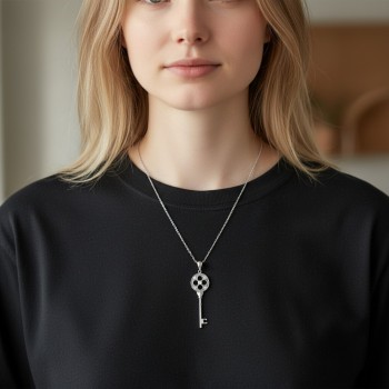 Sterling Silver Necklace 37mm Key Round Open Top