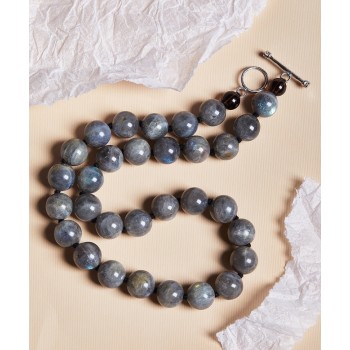 Sterling Silver NECKLACE LABRADORITE 12 MM BEADS W/CZ TOGGLE
