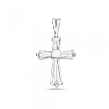 Sterling Silver Pendant Baguette Clear Cubic Zirconia Cross