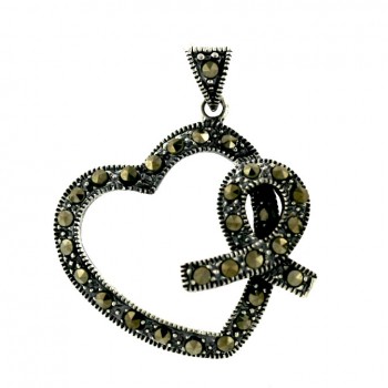Marcasite Pendant Open Heart with Breast Awareness Symbol
