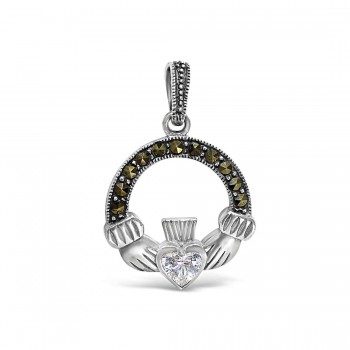 Marcasite Pendant Circle with 1 Pair Hand Holding Clear Cubic Zirconia Heart