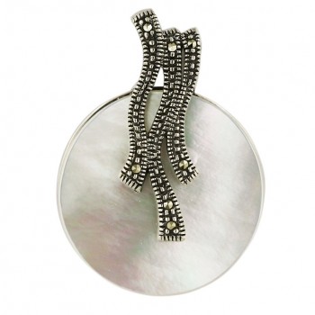Marcasite Pendant 23mm Round White Mother of Pearl with 3 Wavy Lines Top